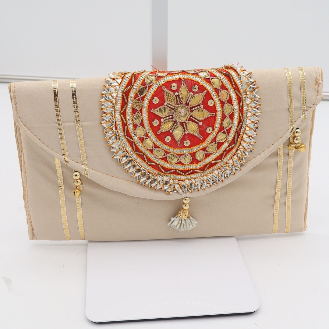 Indian Embroidered Cream Gold Red Tassel Clutch Evening Bag Handbag Wedding
