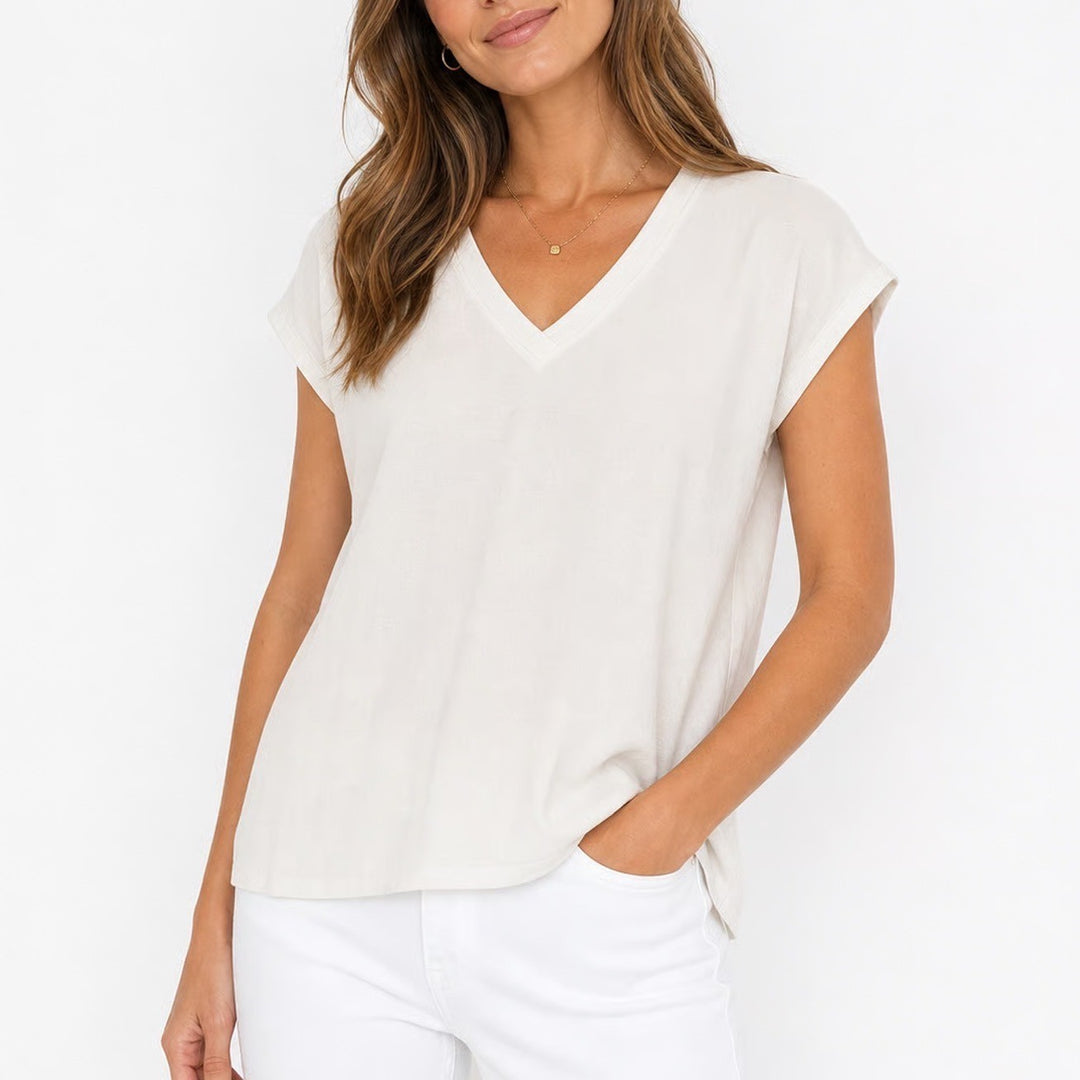 Athleta Renew V-Neck Twist Back Cap Sleeve Tee Cream Off-White Size M