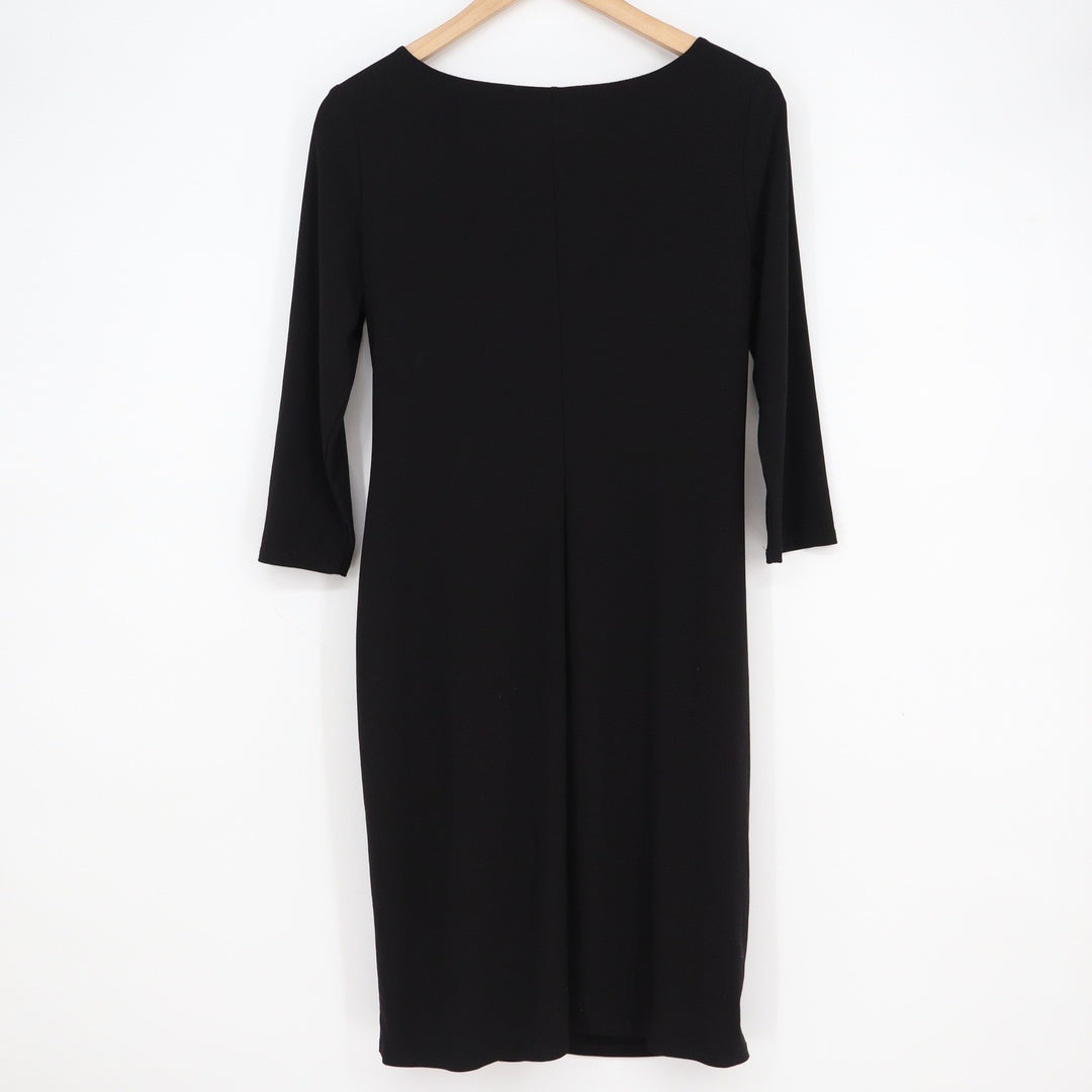 Kasper Dress Women's 8 Black Sheath 3/4 Sleeve Silver Buckle Ruched Side