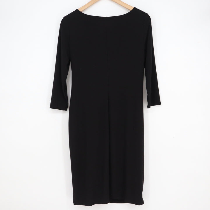 Kasper Dress Women's 8 Black Sheath 3/4 Sleeve Silver Buckle Ruched Side