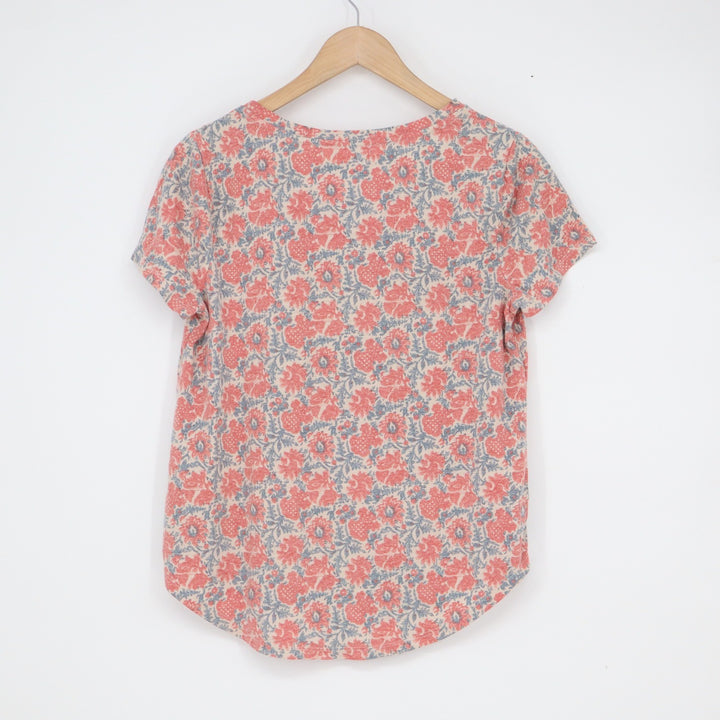 Style & Co Womens Red Blue Floral V-Neck Short Sleeve Boho Knit Top Size M