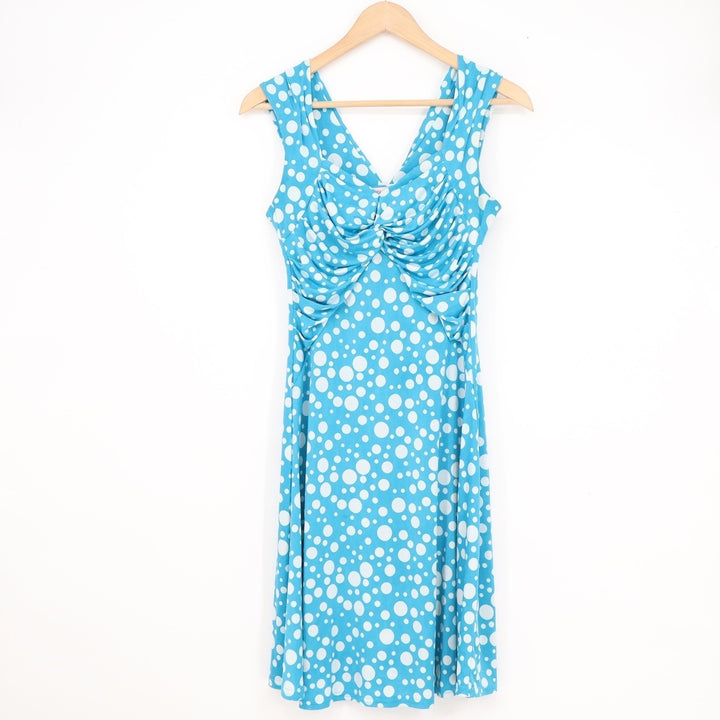 M. Elegance Paris Polka Dot Ruched V-Neck Midi Dress Turquoise Blue Size 36 FR