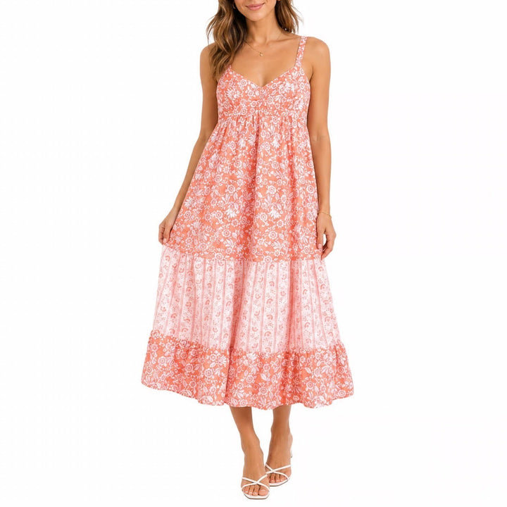 Land of the Free Coral Floral Tiered Midi Dress Smocked Back Size M