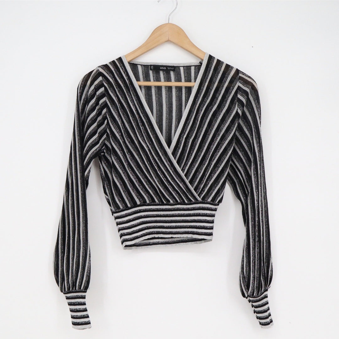 MNG Mango Metallic Striped Surplice Wrap Top Black Silver XXS