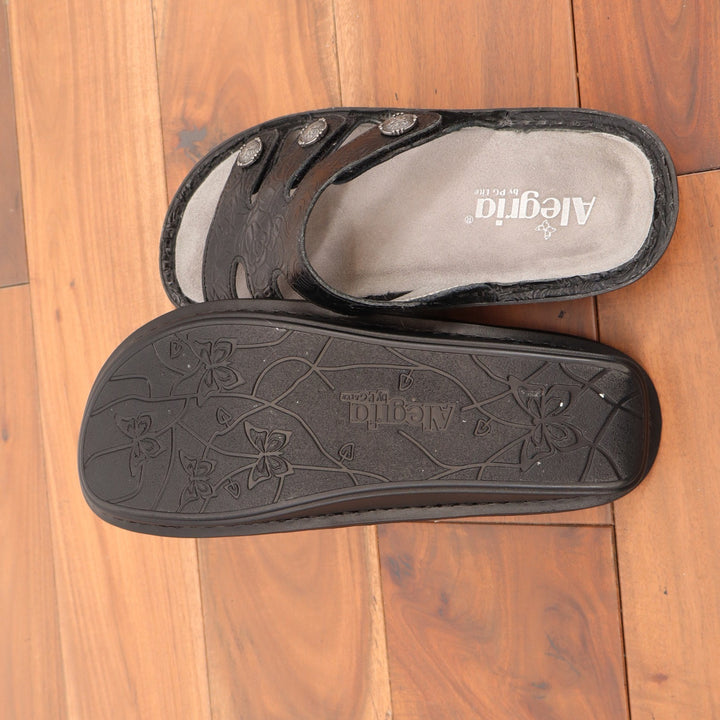 Alegria Venice Black Embossed Rose Leather Slide Sandals VEN-871 Size 38
