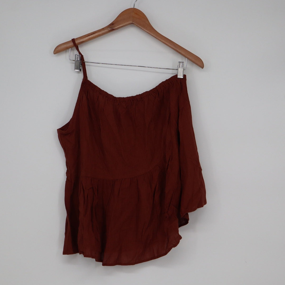 Shein Curve Rust Brown One Shoulder Asymmetrical Linen Blend Ruffle Top 0XL