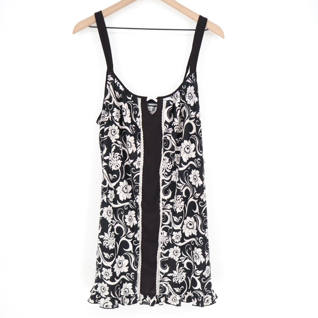 Studio Donatella Pajama Top Womens Large Black White Floral Stretch Ruffle Hem