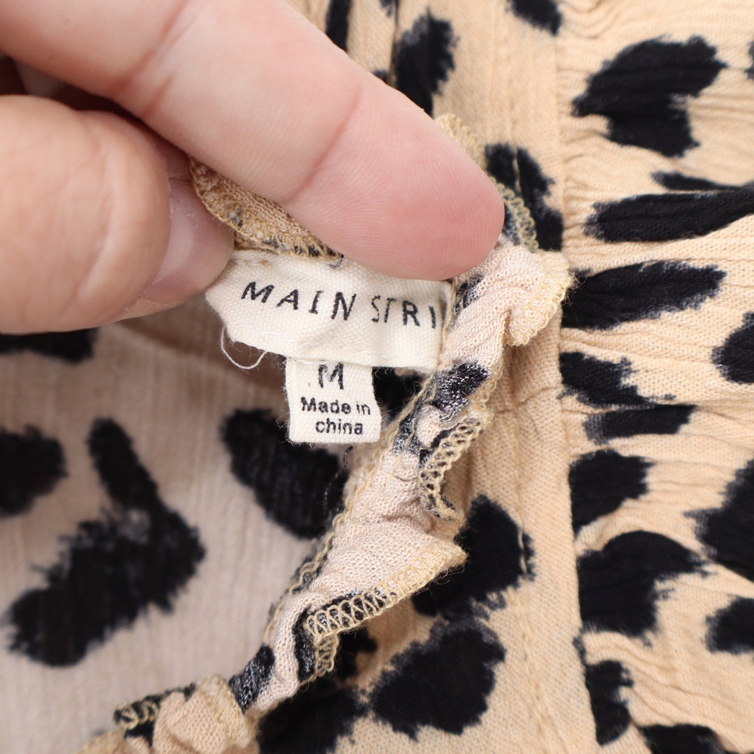 Main Strip Leopard Print Peplum Blouse Tan Black Ruffle Sleeve Tassel M