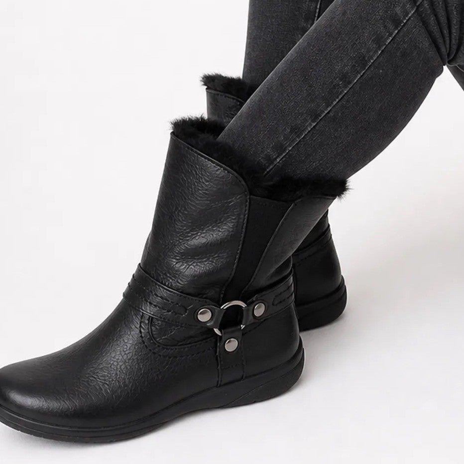 Abeo Zoey Black Leather Sheepskin Lined Harness Ankle Boots Womens 8