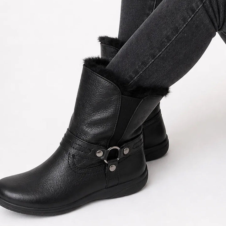 Abeo Zoey Black Leather Sheepskin Lined Harness Ankle Boots Womens 8