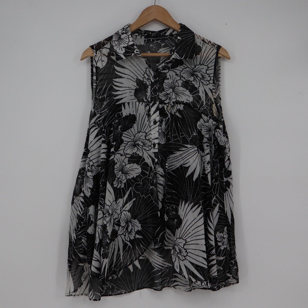 Black White Tropical Floral Sheer Sleeveless Button Up Blouse Top Large