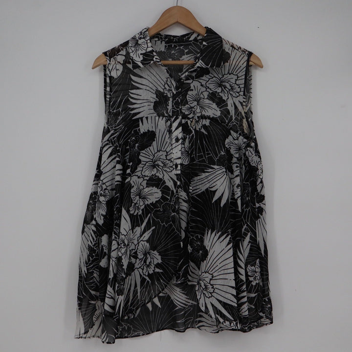 Black White Tropical Floral Sheer Sleeveless Button Up Blouse Top Large