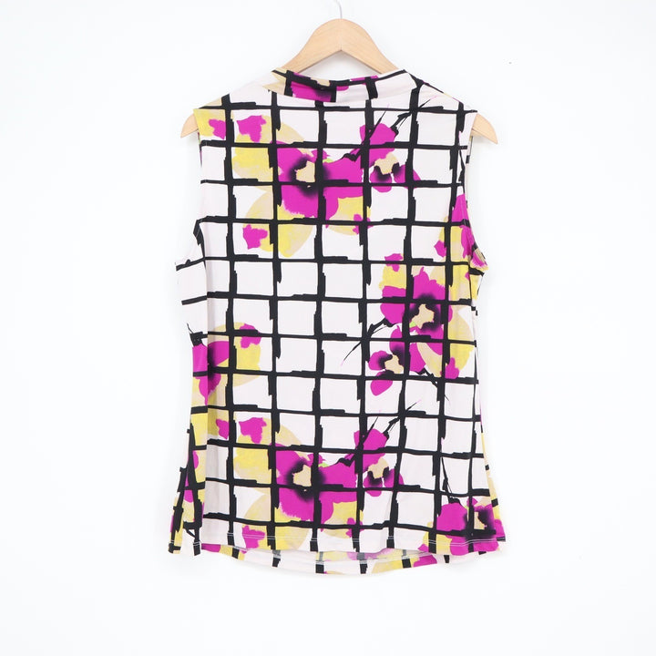 Worthington Womens XL Cowl Neck Sleeveless Blouse Floral Grid Magenta