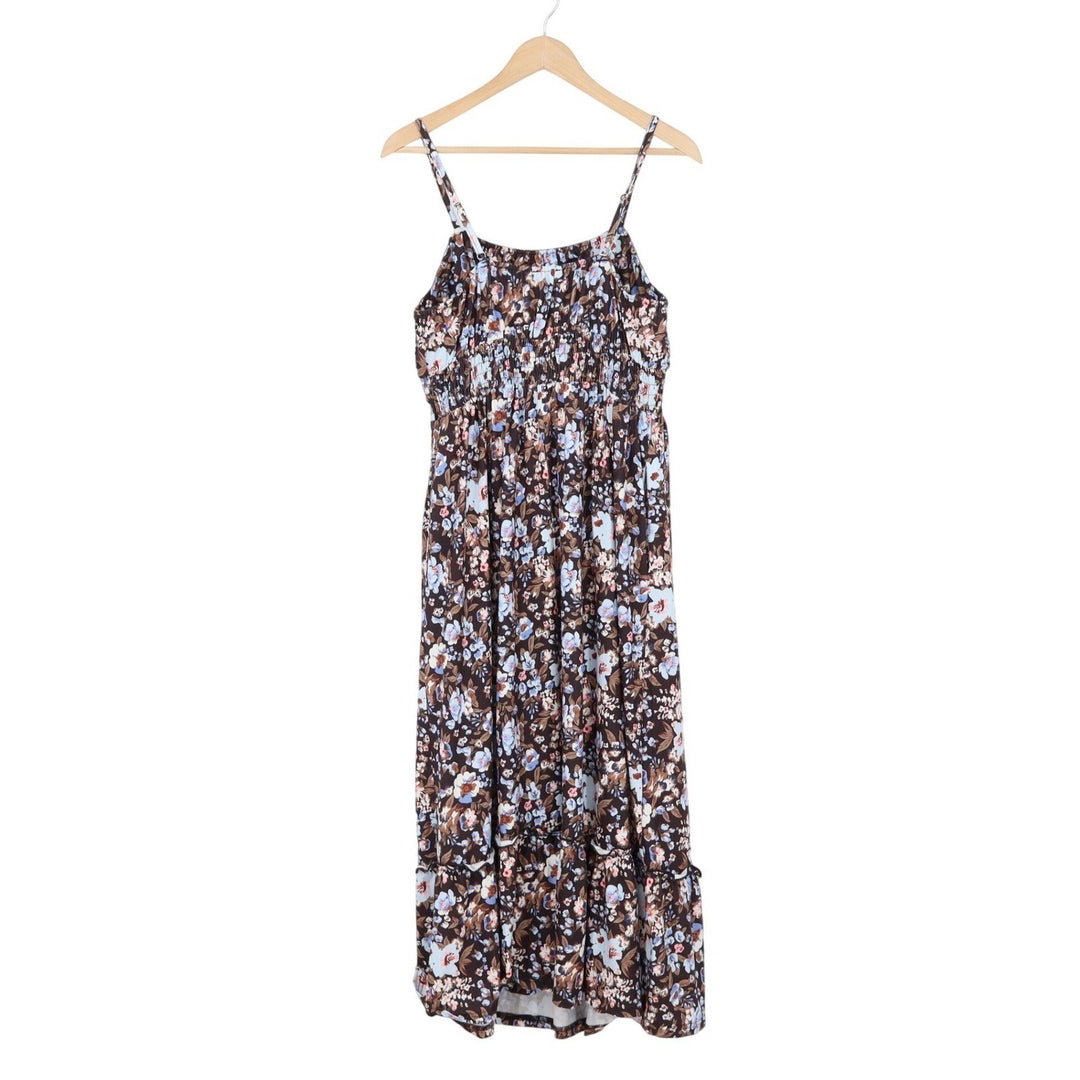 Grace Karin Midi Dress Women's L Black Blue Floral Smocked New