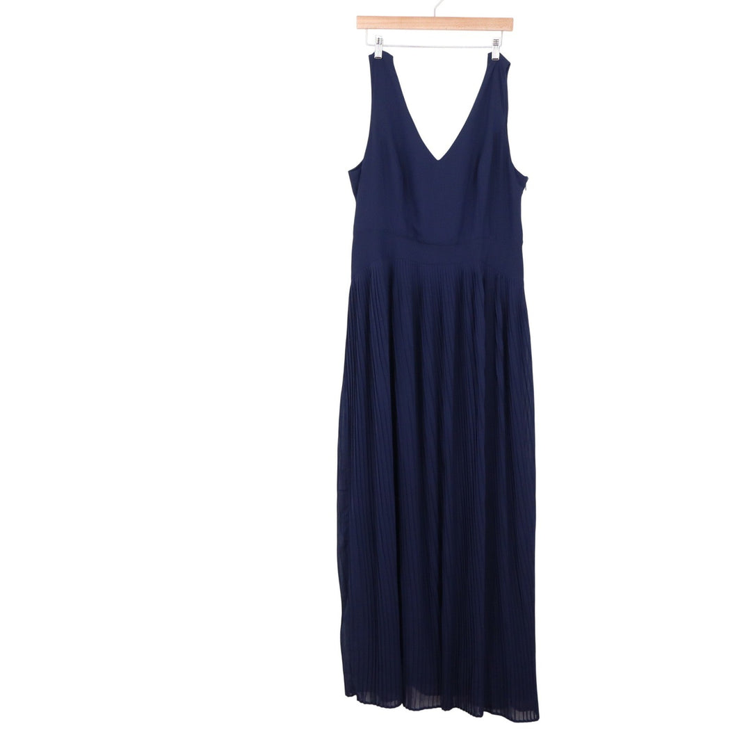 Lace & Mesh Navy Blue V-Neck Pleated Maxi Dress XL Formal Evening Gown 10727