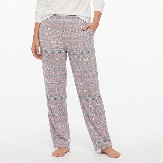 Cuddl Duds Pajama Pants Womens XL Gray Pink Fair Isle Heart Print Sleepwear