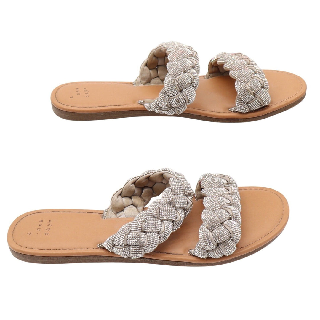 A New Day Slide Sandals Womens 8 Braided Rhinestone Silver Tan Flat Excellent