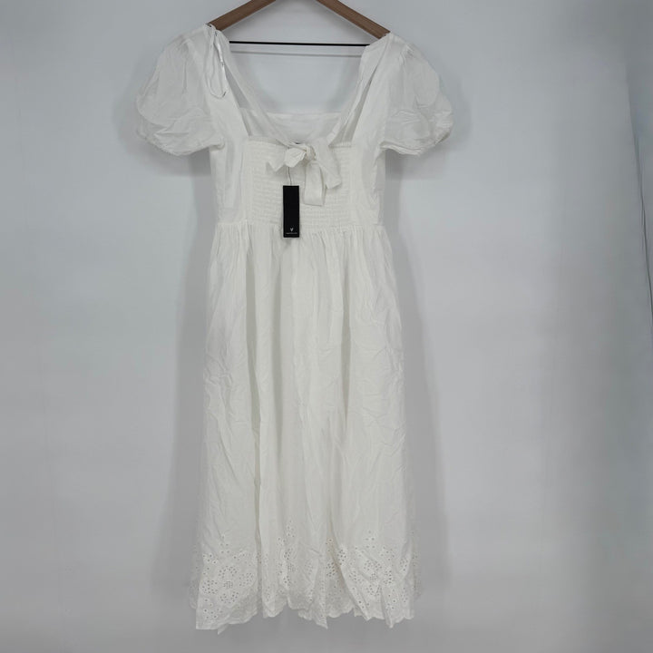 Lulus Stylish Merriment White Puff Sleeve Embroidered Midi Dress Size M