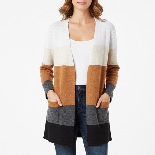 JOSEPH A Striped Open Front Cardigan Sweater Brown White Gray Black Size L