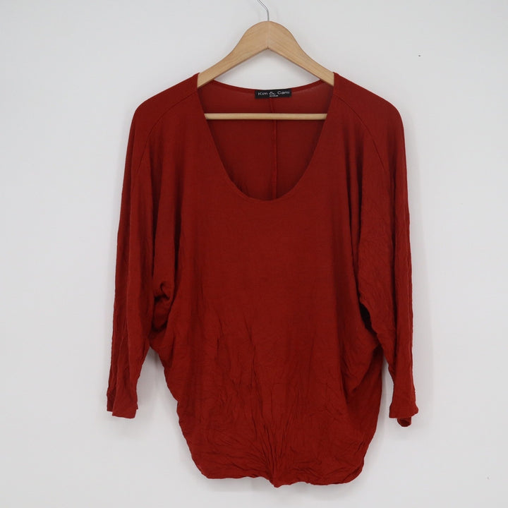Kim & Cami Womens Medium Rust Red Dolman Sleeve Scoop Neck Draped Hem Top