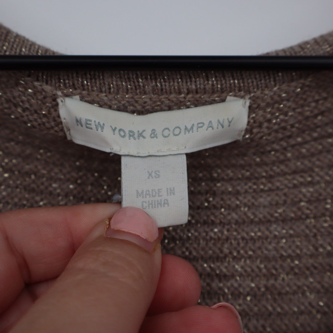 NEW YORK & COMPANY Brown Metallic Knit Dolman Sleeve V Neck Sweater XS
