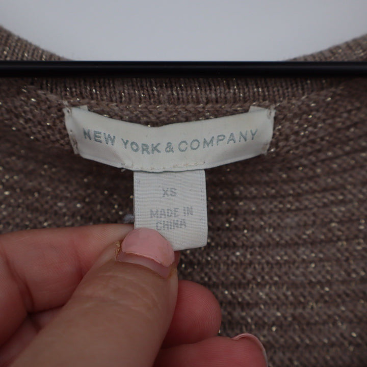 NEW YORK & COMPANY Brown Metallic Knit Dolman Sleeve V Neck Sweater XS