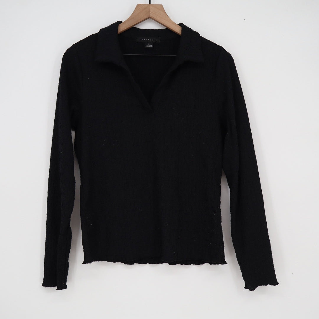 Sanctuary Black Textured Long Sleeve Polo V-Neck Top Lettuce Edge M