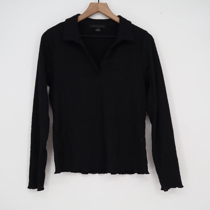 Sanctuary Black Textured Long Sleeve Polo V-Neck Top Lettuce Edge M