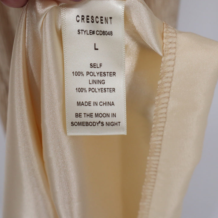 Crescent Deep V Maxi Dress Champagne Crinkle Textured Long Sleeve L NEW