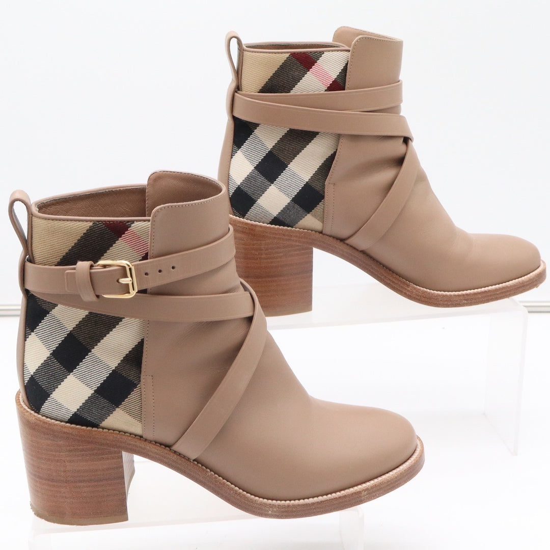 Burberry Pryle Leather House Check Ankle Boots Wheat Tan Block Heel EU 39