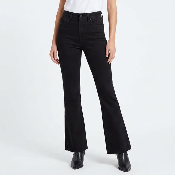 7 For All Mankind Black High Rise Flare Jeans Raw Hem Size 23