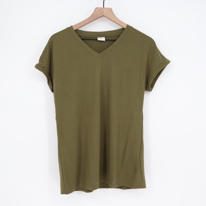 XIEERDUO Olive Green V Neck T Shirt Casual Rolled Sleeve Basic Top Size S