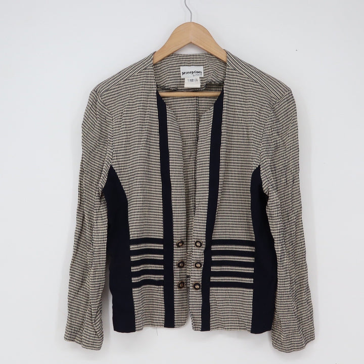 Perceptions Jacket Womens 12 Open Front Navy Blue Cream Micro Check Excellent