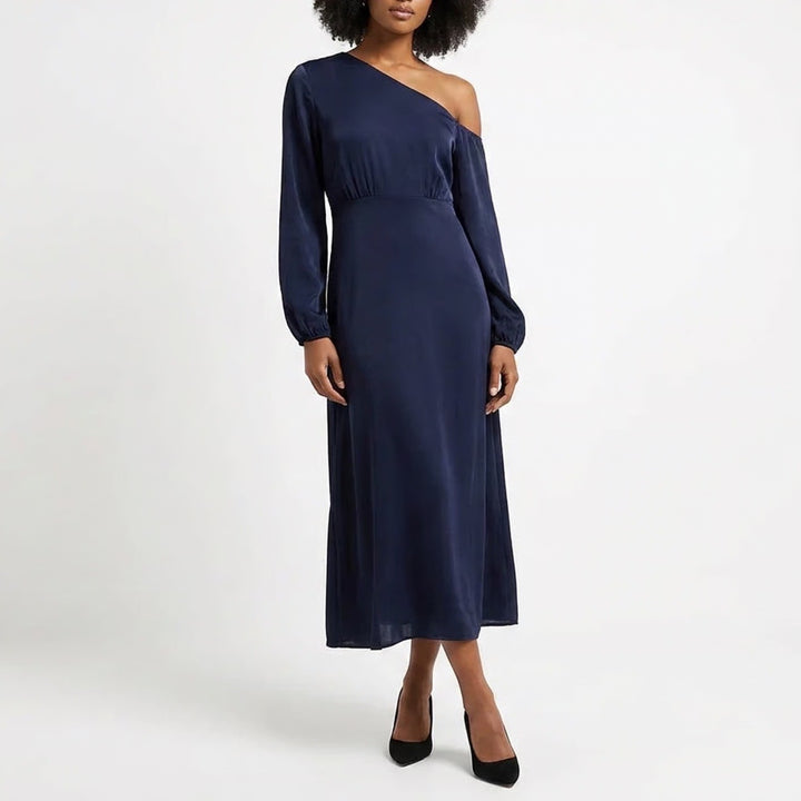 Navy Blue One Shoulder Long Sleeve Tie Back Midi Dress Large