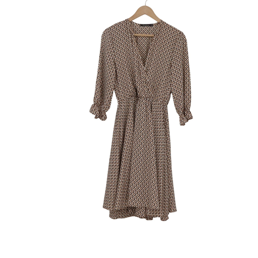 Fashion Brown Geometric Logo Print Wrap V-Neck Midi Dress Ruffle Cuff Size 48