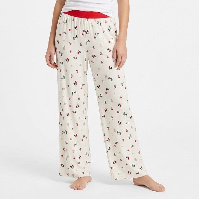 Christmas Pajama Pants Womens XL White Red Holiday Allover Print Stretch Casual
