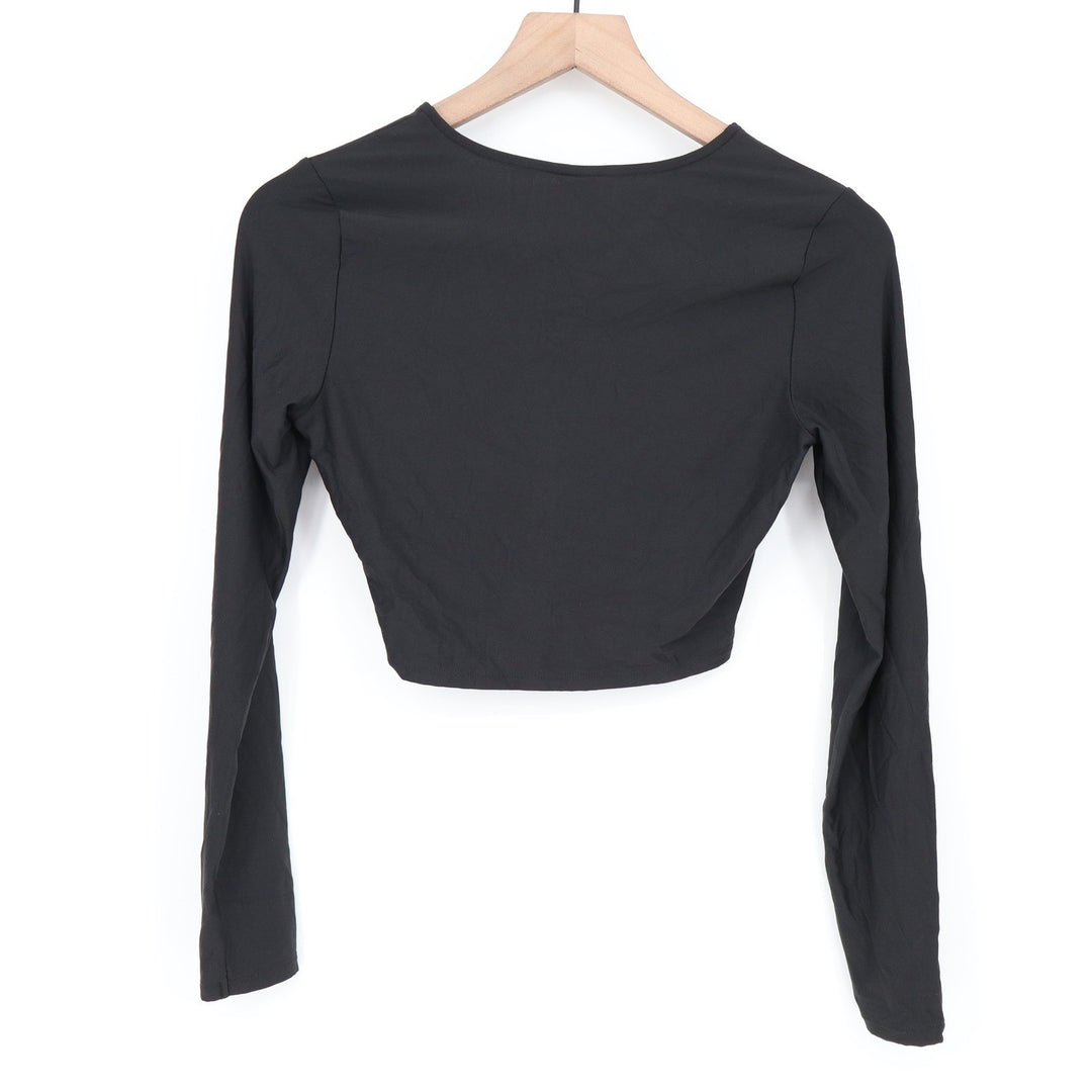 Calia Womens LS Ruched Rashguard Pure Black UPF 50+ Cropped Swim Top XS