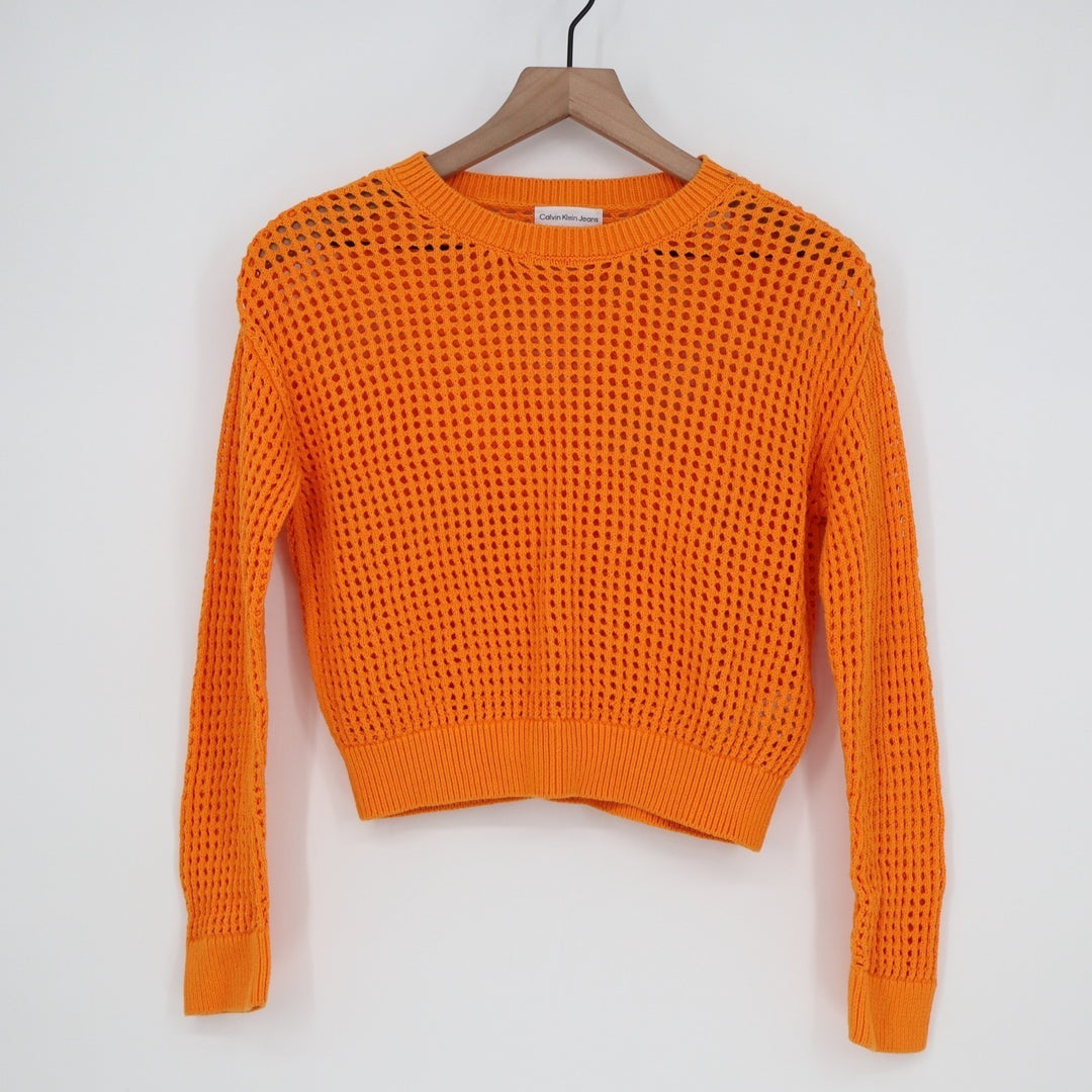 Calvin Klein Jeans Crop Sweater Womens XS Bright Orange Open Knit Cotton Ribbed