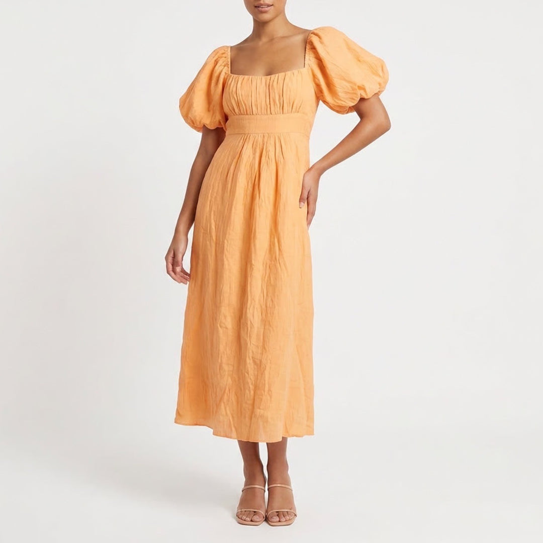 Showpo Roshine Orange Puff Sleeve Straight Neck Midi Dress Size 4