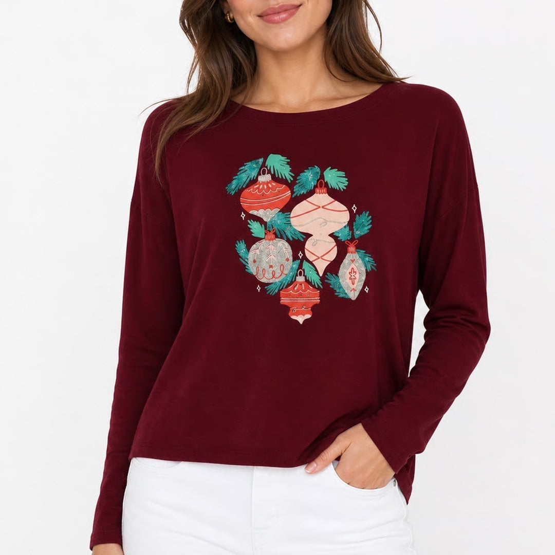 Croft & Barrow Womens Large Maroon Christmas Ornaments Long Sleeve Graphic Tee L