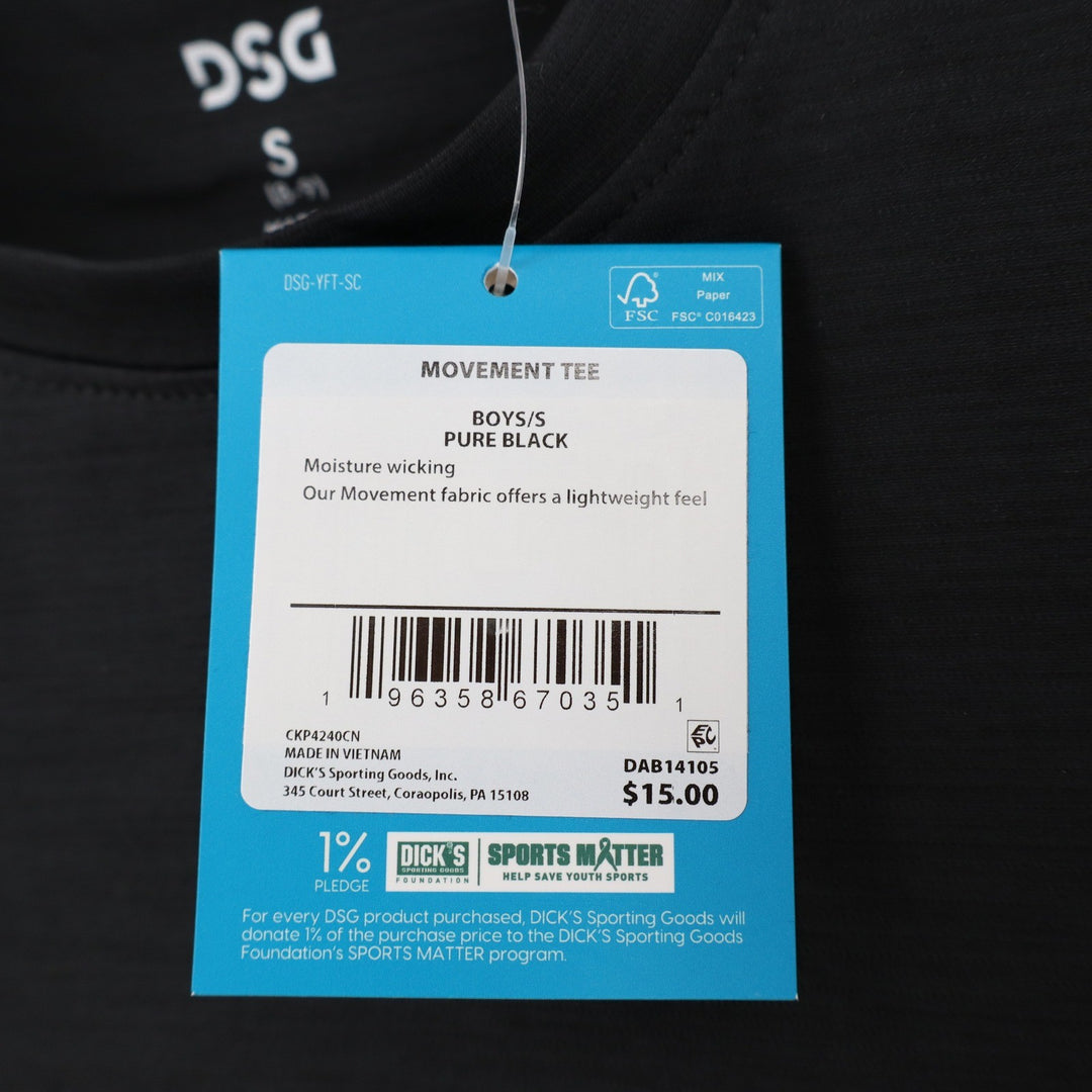 DSG Boys Movement Tee Pure Black Short Sleeve Athletic T-Shirt Size S 8-9 NEW