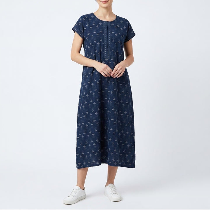 Bamboo Tree Navy Blue Dragonfly Print Split Neck Midi Shift Dress Womens Large