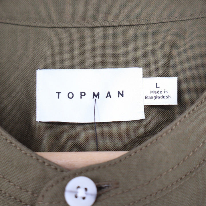 Topman Mens Grandad Collar Button Down Shirt Khaki Green Long Sleeve Large NEW