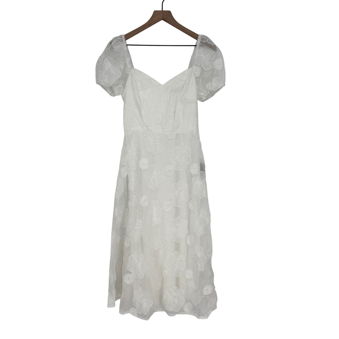 Lulus Sweetest Behavior White Embroidered Puff Sleeve Midi Dress Size S