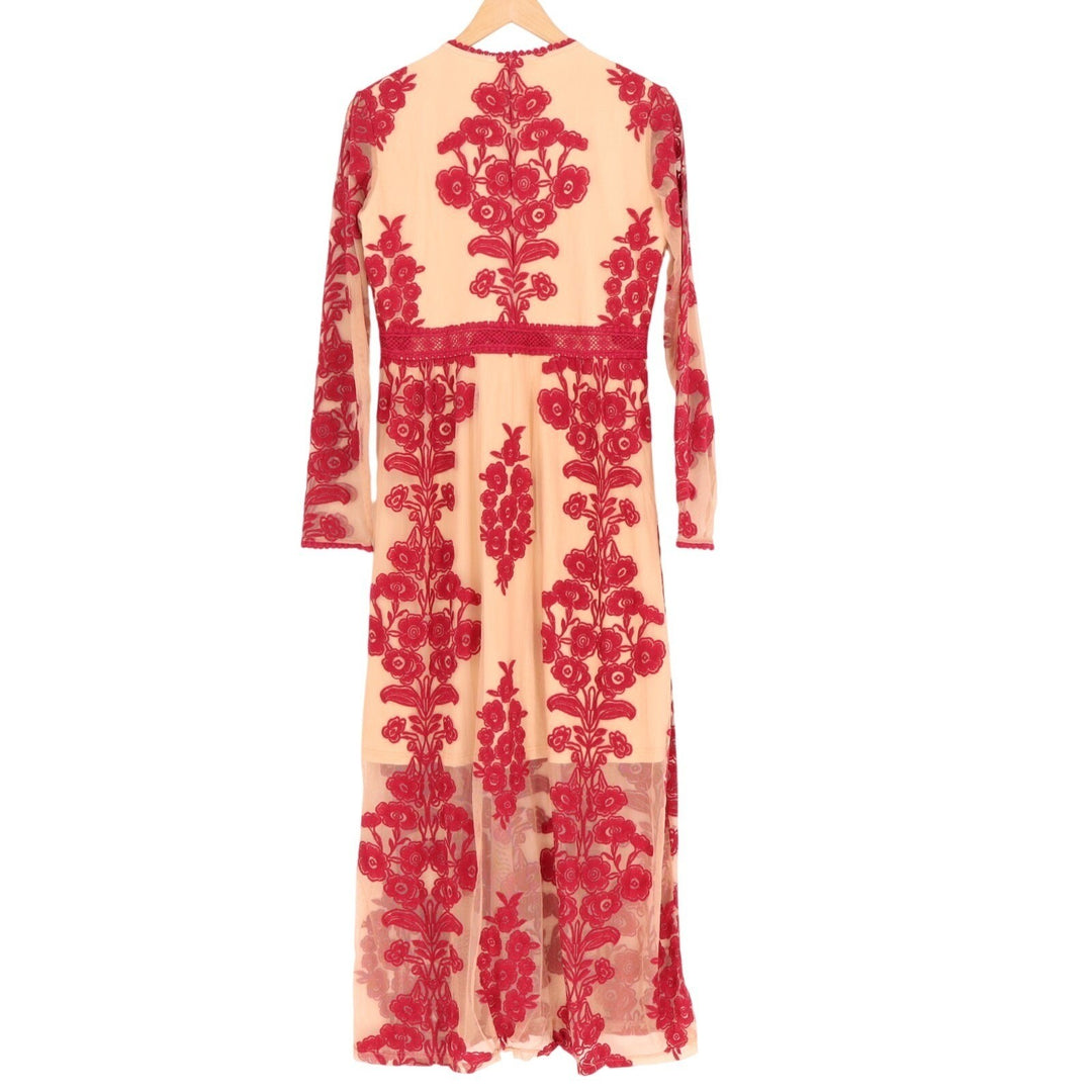 Chicwish Maxi Dress Women M Beige Red V Neck Floral Embroidery Mesh Crochet Trim
