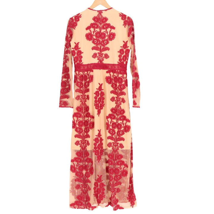 Chicwish Maxi Dress Women M Beige Red V Neck Floral Embroidery Mesh Crochet Trim