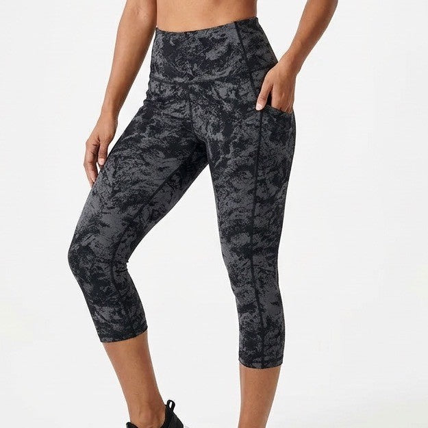 Capri Leggings Womens XL Black Gray Tie Dye Stretch Pockets Elastic Waist Active