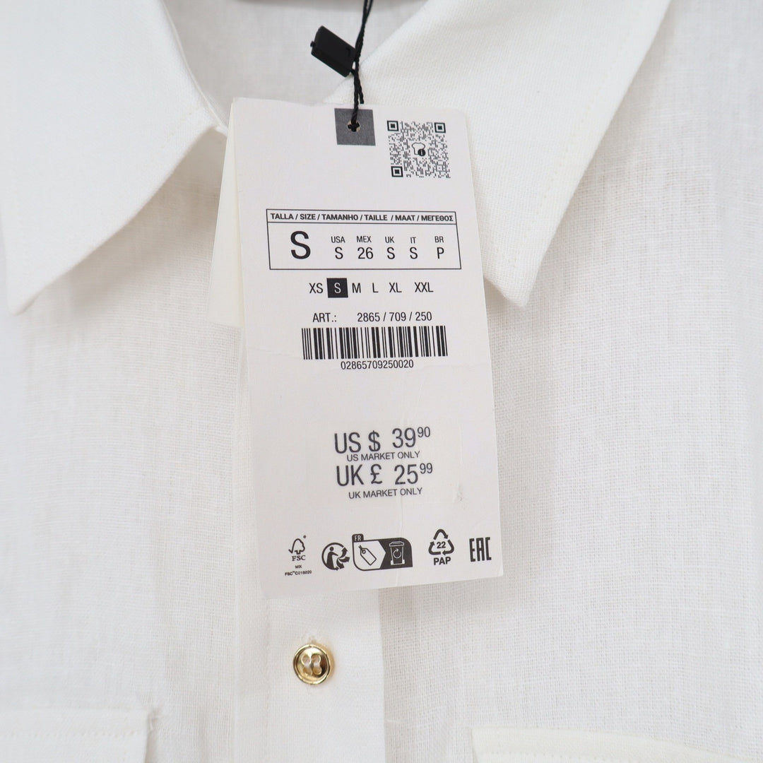 Zara Linen Shirt Womens S 2865/709/250 Off-White Button-Down Pocket NEW