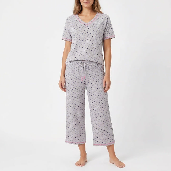 Cuddl Duds Pajama Set Womens Small Gray Blue Heart Print V-Neck Crop Pants 2pc