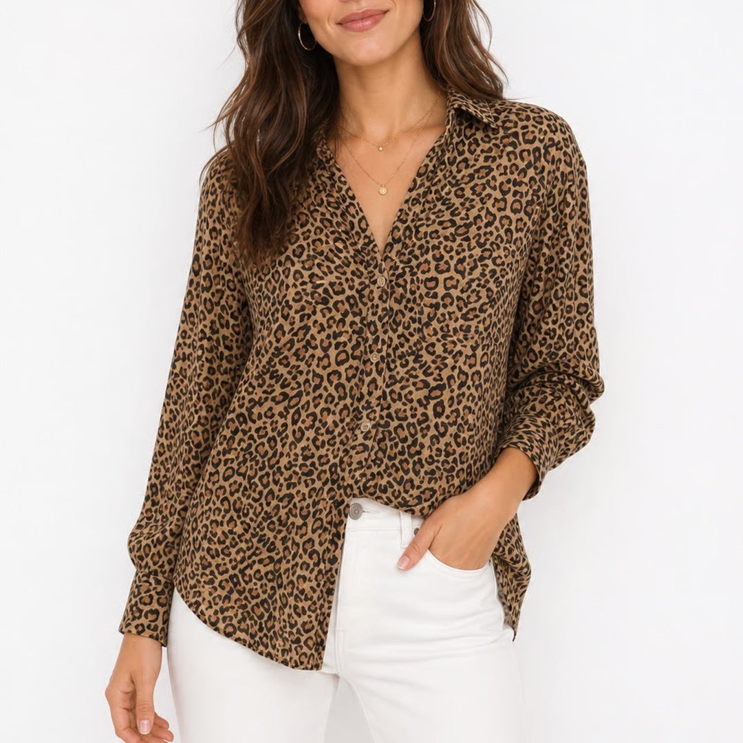 Beachlunchlounge Leopard Print Button Down Shirt Viscose Long Sleeve Blouse M